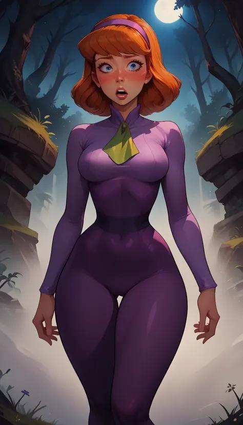 (best quality, highres), 1girl, breasts, nude, solo, hairband, daphne_blake, blue_eyes, large_breasts, ghosts, monsters, eyes, unitard, skin_tight, shiny_clothes, seamless, looking_at_viewer, outdoors, forest, lips, night, long_hair, orange_hair, thick_thi...