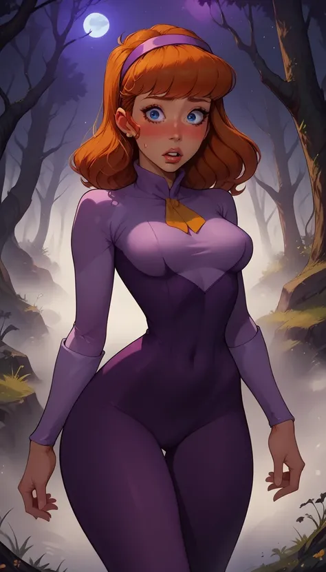 (best quality, highres), 1girl, breasts, nude, solo, hairband, daphne_blake, blue_eyes, large_breasts, ghosts, monsters, eyes, unitard, skin_tight, shiny_clothes, seamless, looking_at_viewer, outdoors, forest, lips, night, long_hair, orange_hair, thick_thi...
