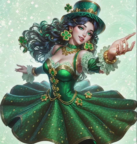 A beautiful european woman, black hair ,green dress,clover-shaped earrings