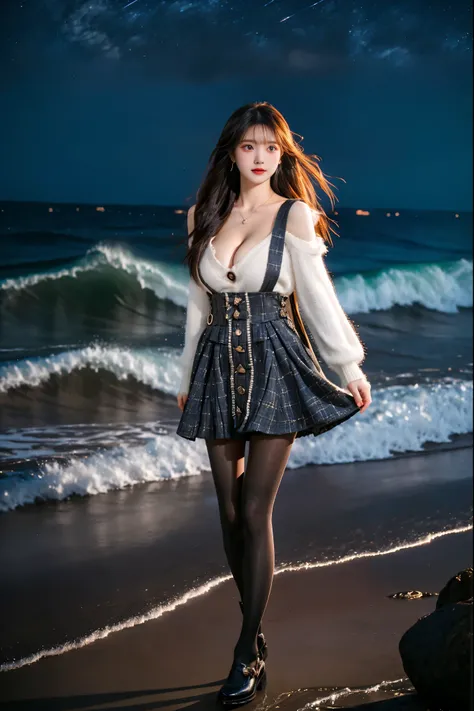 dating attire, sweater, white sweater, bow sweater, shoulder cutout, skirt, buttons skirt, suspender skirt, pantyhose, shoes,  ,(knee shot:1.3), photorealistic beautiful woman, sexy long-legged model, (Full bust, visible cleavage, very short hemline), walk...