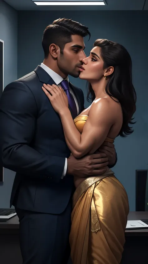 A office couple kissing A sexy indian girl in saree kissing with his 50 years old handsome indian brown muscular daddy in formal suit with bulge in office, lip locking kissing, smooching, masterpiece 