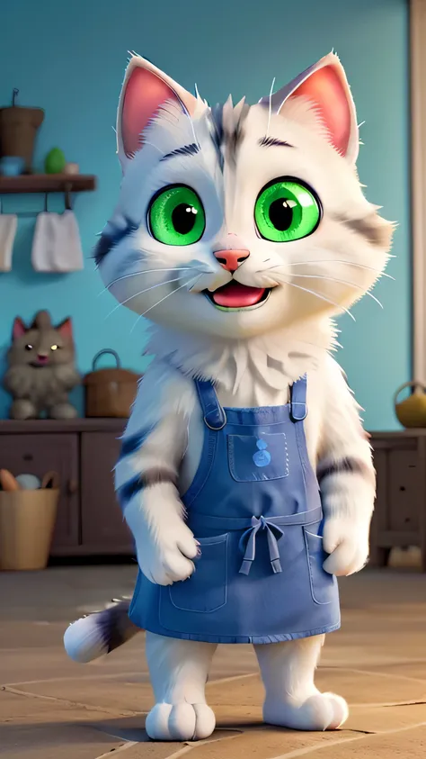 "A cartoon anthropomorphic kitten, , fluffy with light gray fur and white spots, large expressive green eyes with thin black eyebrows. In a bright blue apron with a fish design. His facial expression is happy, with a wide smile."