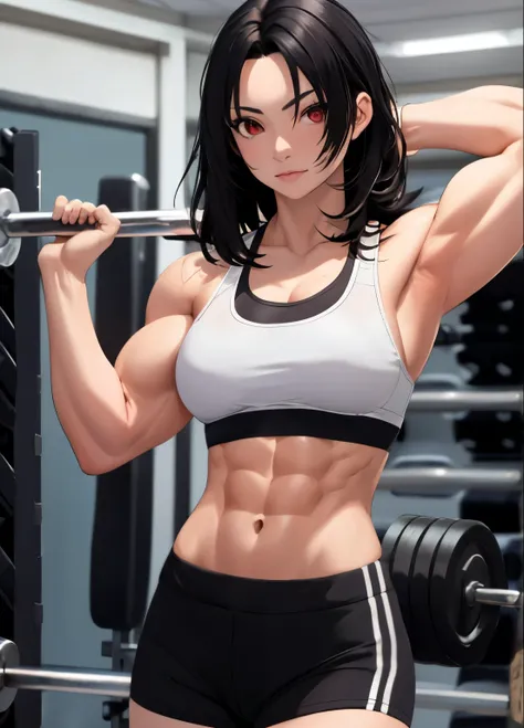 Kurenai Yuhi, as a female natural bodybuilder wearing sport bra and skimpy sporty shorts, middle part messy black hair, red eyes, natural muscles, in a modern gym, middle part hair, messy hair, long messy hair, sexy pose
