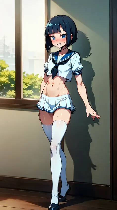 anime style,highest quality,(adult), bitch,(femboy),(boyish face),black bob cut,blue eyes,nose blush:0.3,grin:0.5,(short sleeved white sailor suit),croptop,pleated micro skirt,thighhigh stocking,(slender body:1.3),(toned body:1.3),flat chest,beautiful body...