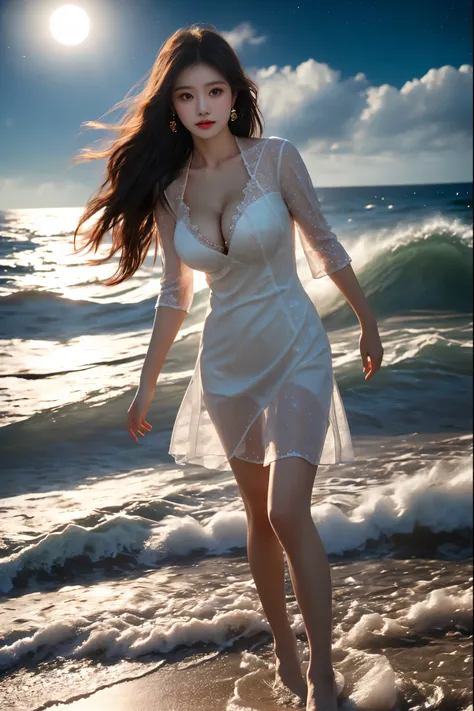 tutututu,see-through,cheongsam  ,(knee shot:1.3), (Close shot), photorealistic beautiful woman, sexy long-legged model, (Full bust, visible cleavage, very short hemline), walking at the edge of the beach and the surf, water up to her knees, waves crashing ...