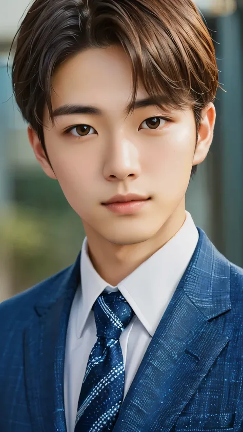 "High quality photo, super detailed, young Japanese man with beautiful features, brown hair, gentle expression, realistic skin texture, blue suit and tie, natural lighting, high quality photo-realistic portrait."