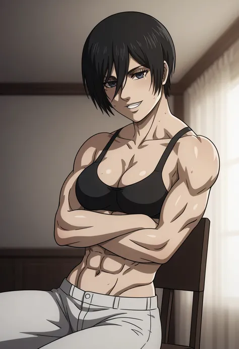 score_9, score_8_up, score_7_up, BREAK source_anime, mikasa ackrman, grey eyes, black hair, short hair, medium breasts,Mikasa wreanig  tight sport  Elastic  fiber  bra and black normal trousers,mikasa with good looking body,perfect lighting,mikasa final se...