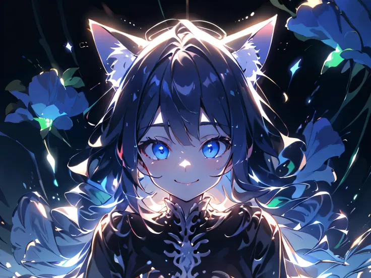 ( High Resolution, masterpiece,  accurate, 解剖学的に accurate, Highest quality, high detail, very well detailed, )、
Blue Dress  、Cat ears、 long black hair 、   blue eyes、big eyes、 white brim 、miniskirt、 very delicate and beautiful 、  DETAILS WITH EVERY DETAIL  ...