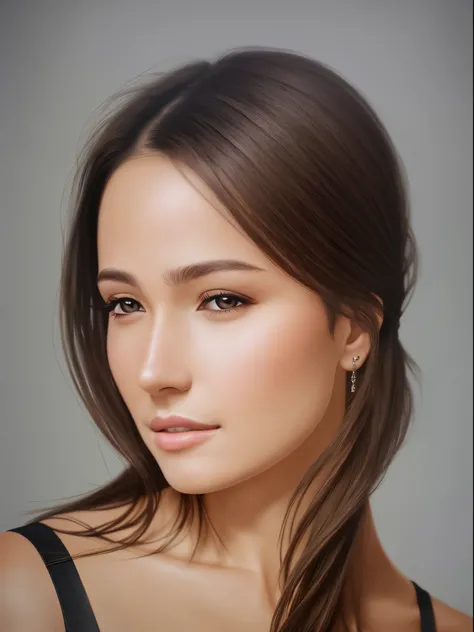 Portrait photorealistic d&#39;a young tanned brazilian model&#39;stunning beauty without makeup, extremely detailed light green eyes, detailed symmetrical realistic face, extremely detailed natural texture, Cheveux brune , chef-d&#39;artwork, absurde, phot...