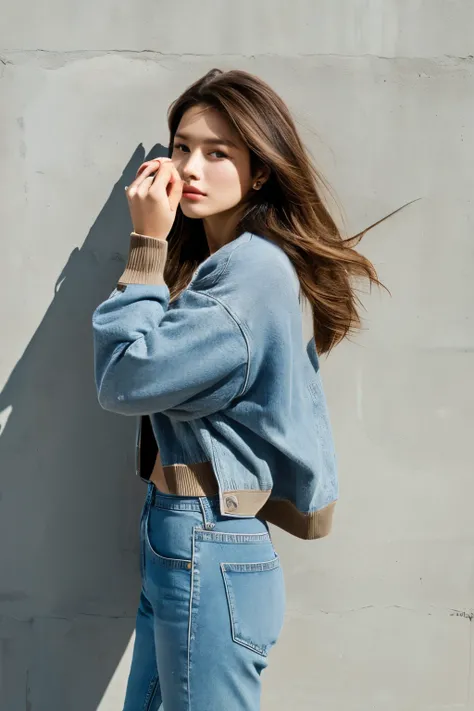 Highest quality,  1 beautiful woman, 2, S, 35mm Lens,, cowboy shooting,  concrete background with rough eyeliner、Mortar style background、Cardigan、Light brown、Mortar wall,from below、 straight hair 、 straight hair 、shiny hair,smooth hair、 adidas jersey、denim...