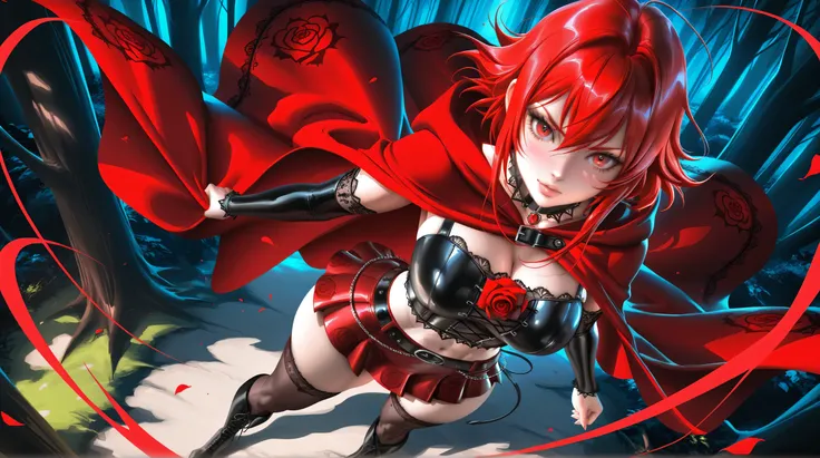 (Sakimichan:0.7),1girl, standing, red riding cloak, light skin, cropped lace gothic top,  beautifully detailed red eyes, long ginger hair, looking at viewer, thick thighs, short red leather skirt, thighhighs, long boots, gothic rose print, BREAK (absurdres...