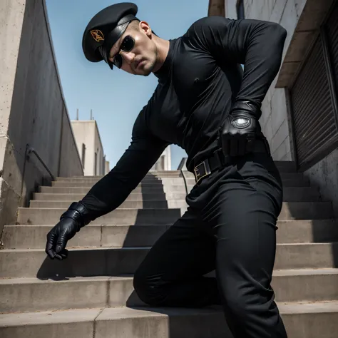 Age 35、handsome guy , 1 man,Black Long Sleeve Tee。 short hair short hair 、Stairs of a building、Under attack、Combatant、A manly provocation　Black eyepatch。　 upper body up 　 Menacing look　　 black slim pants　　Sit on the stairs　Aim、Combatant　　 black gloves　 cha...