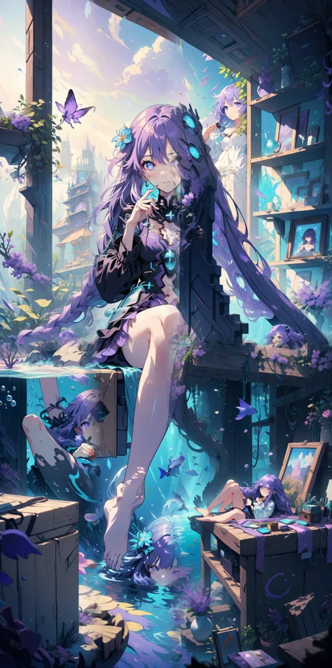 [( transparent background:1.5)::5],(((masterpiece))),(((the best quality))),(((extremely detailed))), illustration, 1 girl,Alone ,mysterious,vivid color, round, cúpula de vidrio hemisférica sellada transparente Underwater, (Purple hair),(purple eyes), full...