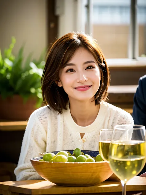 ((White Wine)),((  wine glasses)),(realistic, superrealistic:1.4), 16K HDR,  high image quality,((White Wine)),((  wine glasses)),turtleneck shirt,Age 33,36 years old,happy smile, short hair,  best smile、japanese actress, is so beautiful(  just like the re...