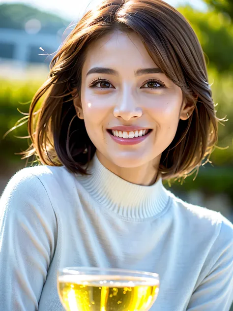 ((White Wine)),((  wine glasses)),(realistic, superrealistic:1.4), 16K HDR,  high image quality,((White Wine)),((  wine glasses)),turtleneck shirt,Age 33,29 years old,happy smile, short hair,  best smile、japanese actress, is so beautiful(  just like the re...