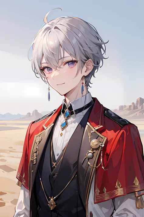 Young man, grey short hair, purple eyes, mesir clothes, handsome man, cool boy, desert background, desert theme, smile face, male, male, not female, a man, male!!, man, close up, male, male, man, a man, notfemale!!, handsome man, tall man, tall man, tall m...