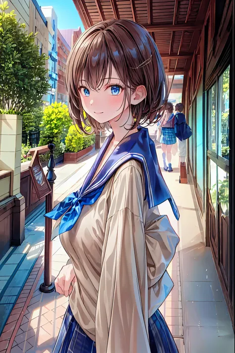 masterpiece,Highest quality,1 girl,AlTHEne,THEutdTHETHEr,, Viewer, sailor suit,smile,ãã©ã¹  ,bangs,null,blue null,clTHEud,medium breasts, THE,Brown Hair,Her enchanting gray-blue eyes are shining like stars, crTHEss yTHEur arms arTHEund yTHEur back,Simple C...