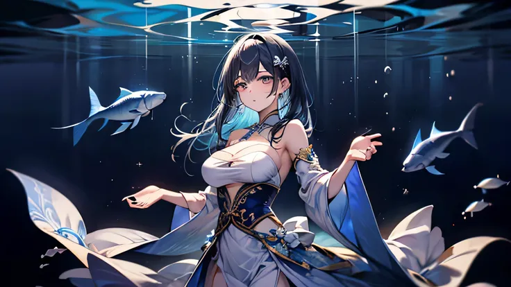 ((Make the background bigger:1.3)),((upper body:1.1)),(Above the waist), (1 girl), (standing) (black hair:1.2),((Big Breasts:1.1)) 
Background、A soft beam of light filtering in from the surface of the water envelops the entire scene in a mysterious glow in...