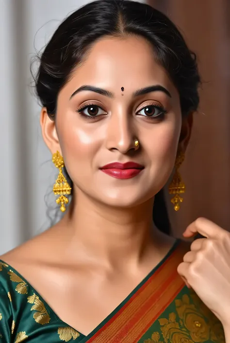 a close up of a woman in a sari posing for a picture, traditional beauty, actress, stylish pose, fanart, pretty face!!, cinematic goddess shot, gorgeous lady, intense look, portrait shot, print ready, cinematic goddess close shot, posed, breathtaking look,...