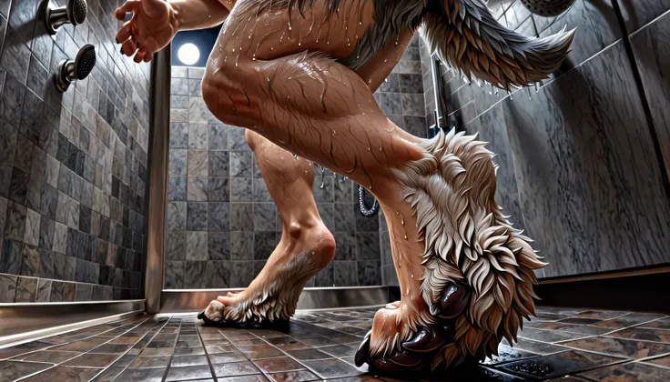 Low angle shot, human skin:1.3, Wolf, wet, take shower, human morfing into wolf, mid transformation, transformation, barefoot, feet:1.3, [feet: paw:0.7], animal thick toes, grey claws, fur, detailed fur, vein, sharp focus, simple background, shower room, U...