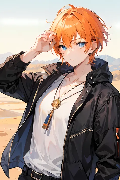 Young man, orange short hair, blue eyes, handsome man, cool boy, desert background, desert theme, male, male, not female, a man, male!!, man,  male, male, man, a man, notfemale!!, handsome male, handsome male, male!! , mesir theme,