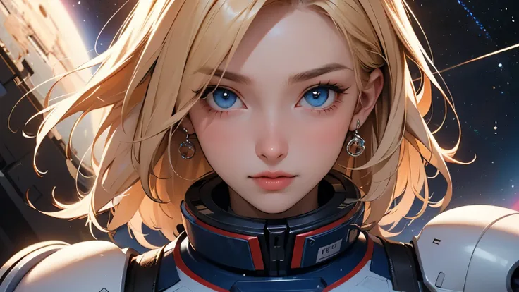 A worldly beauty with blonde hair and blue eyes. She is twenty years old and wears beautiful red armor. She is looking at the camera. An image of outer space and Mars in space in front of her.