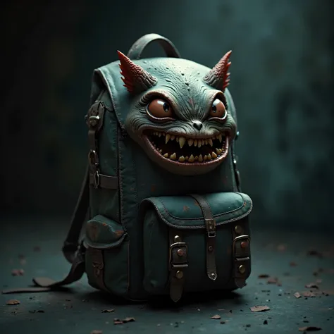 Bagpack look like scary, dark, funny type, 3d style