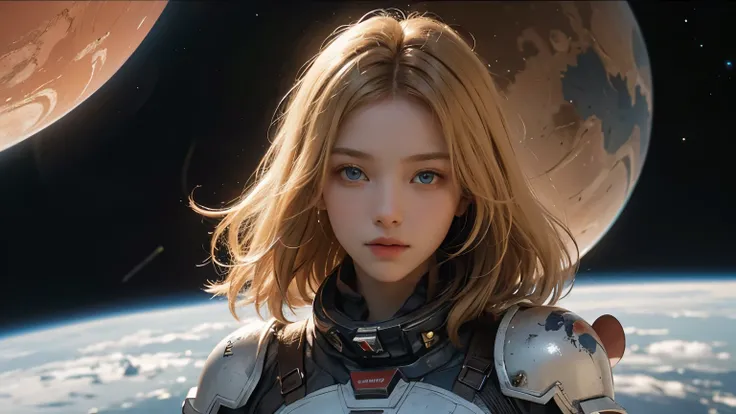 A worldly beauty with blonde hair and blue eyes. She is twenty years old and wears beautiful red armor. She is looking at the camera. An image of outer space and Mars in space in front of her.