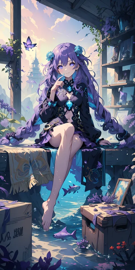 [( transparent background:1.5)::5],(((masterpiece))),(((the best quality))),(((extremely detailed))), illustration, 1 girl,Alone ,mysterious,vivid color, round, cúpula de vidrio hemisférica sellada transparente Underwater, (Purple hair),(purple eyes), full...