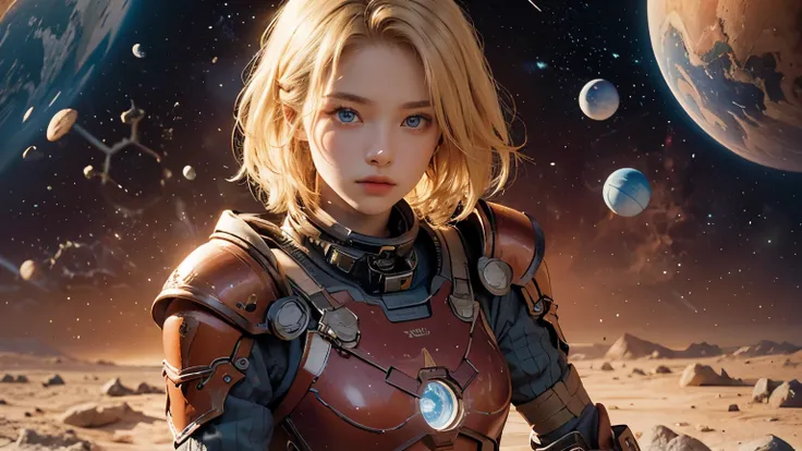 A worldly beauty with blonde hair and blue eyes. She is twenty years old and wears beautiful red armor. She is looking at the camera. An image of outer space and Mars in space in front of her.