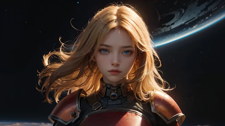 Upper body up. beautiful woman. Detailed view of the face. 20 years old. Blonde hair and blue eyes. She is looking at the camera with a defiant expression.She is wearing beautiful red armor. An image of outer space in the space behind her.