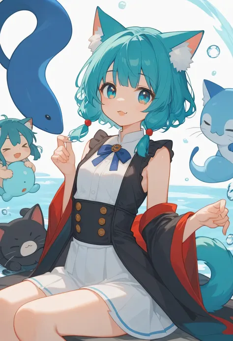 Anime girl with blue hair and a fish in her hand, Meow, Hillabi, 2D Animation style, Nifepitou, Micudayo,  fleet collection style , Guang Jiangli, Kajikato, 2D Animation, Jinaiyi,  Animated Cute Style ,  cute anime catgirl ,  anime girl with turquoise hair