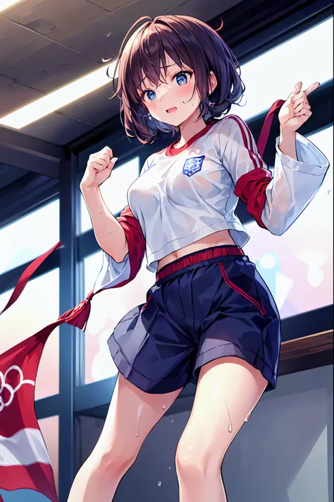  young and beautiful woman in my eyes,(Highest quality,extremely detailed depiction, amazing high resolution ,anatomically accurate depiction, curvy legs ),(Glowing Skin,Glowing Skin),( bloomers,,Gold Medal,wet body,fist pose), eyelashes,Happy laughter,swe...