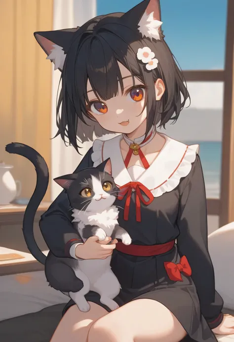 anime girl with dark hair and a fish in her hand, Meow, Hillabi, 2D Animation style, Nifepitou, Micudayo,  fleet collection style , Guang Jiangli, Kajikato, 2D Animation, Jinaiyi,  Animated Cute Style ,  cute anime catgirl , anime girl with black hair