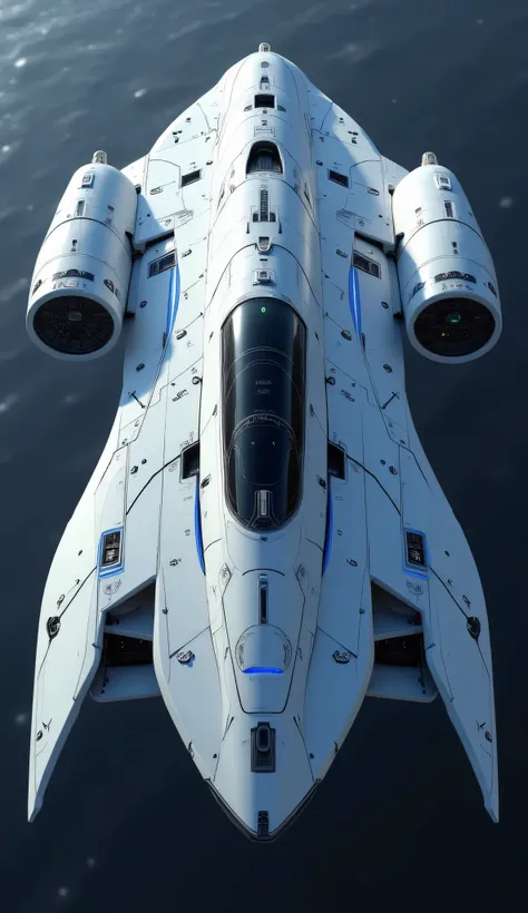 Trimeran spacecraft with outrigger nacelles and centrally located aft ion drives. Central structure is flanked by outrigger nacelles that holds the warp coils at the ship's rear third of the hull. At the rear of the ship are an array of ion drives, one lar...