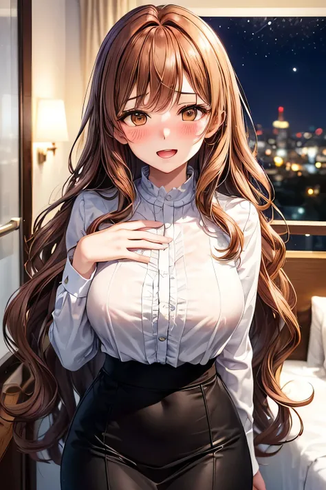 A graceful young lady,(((long wavy chestnut-colour hair))) and a calm, traditional aura,gently swaying in the evening breeze. She wears a stylish blend of modern and traditional fashion skirt paired with a refined blouse,(brown eyes),(tits),(SMILE),(((blus...