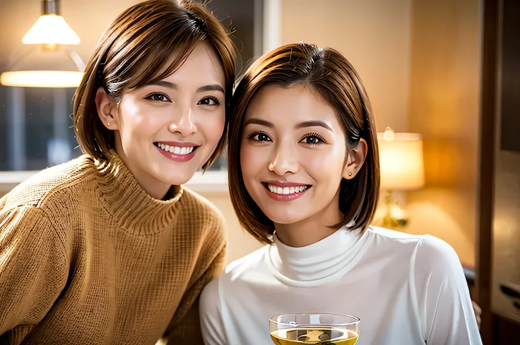 ((White Wine)),((  wine glasses)),((White Wine)),((  wine glasses)),(realistic, superrealistic:1.4), 16K HDR,  high image quality,turtleneck shirt,Age 33,Age 30, Japanese Beauty,happy smile, short hair,  best smile、slim couple、Model Couple、(realistic,   in...