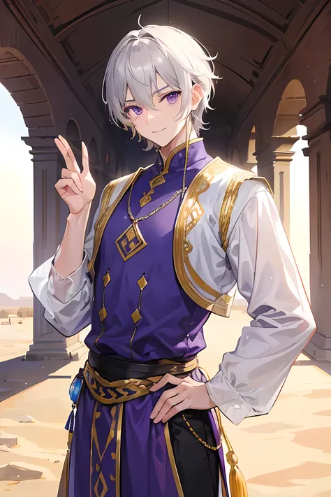  Young man, grey short hair, purple eyes, mesir clothes, handsome man, cool boy, desert background, desert theme, smile face, male, male, not female, a man, male!!, man, close up, male, male!!!, man, a man, notfemale!!, handsome man!! , tall man, tall man,...