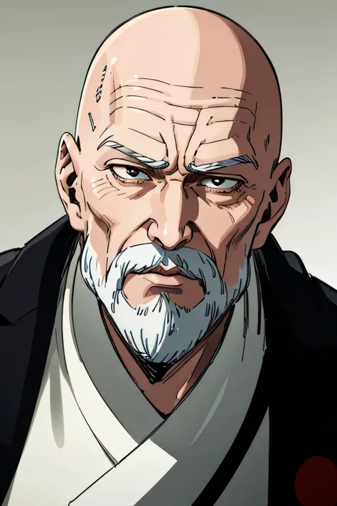 50-year-old grandfather, chinese people, strong , bald headed plontos, long bearded white color, black eyeball color,  doesn't say much , The supervillain , wears white color kung fu shirt, HD,  front facing 