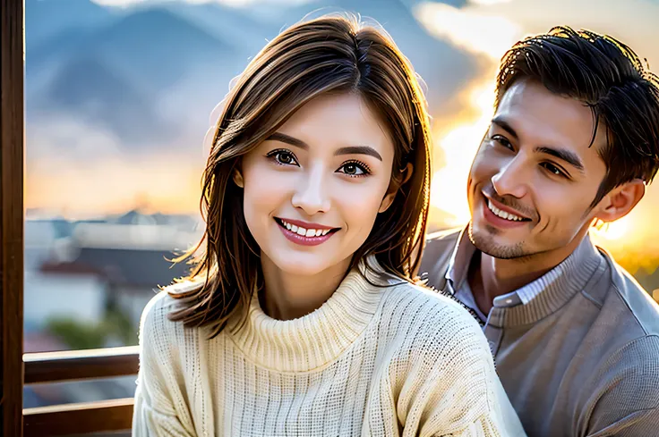 ((White Wine)),((  wine glasses)),((White Wine)),((  wine glasses)),(realistic, superrealistic:1.4), 16K HDR,  high image quality,turtleneck shirt,Age 33,Age 30, Japanese Beauty,happy smile, short hair,  best smile、slim couple、Model Couple、(realistic,   in...