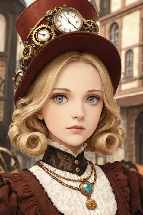 close-up,  Straight Hair Blonde Short Curly  Girl Little Red Hat, Necklace Watch, ( Victorian), (( steampunk)),  cinematography, Worked, elegant, Close up portrait of , Spectacular,  Maximum Details , extremely hyper aesthetic, finely detailed, many gears ...