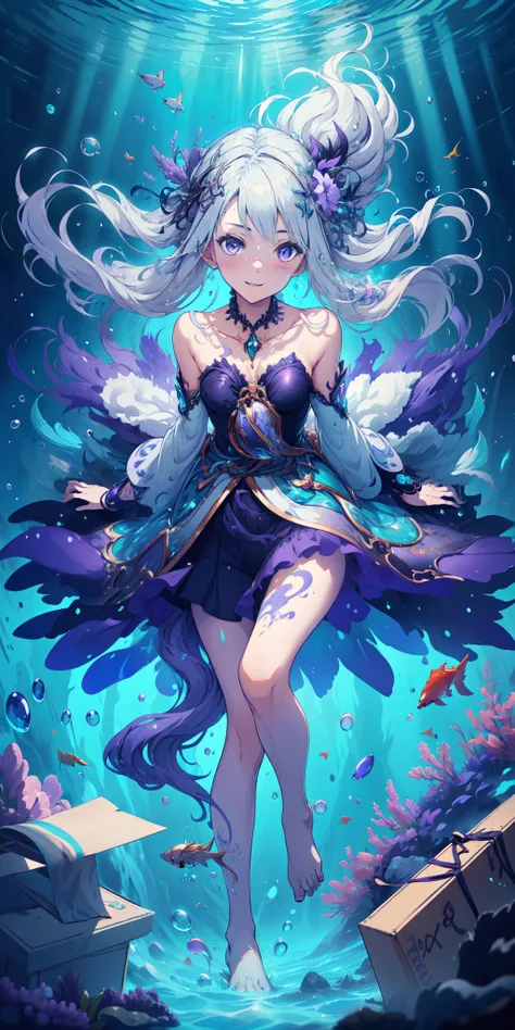 [(Transparent background:1.5)::5],(((masterpiece))),(((best quality))),(((extremely detailed))),illustration, 1girl,solo,mysterious,vivid color,shiny, underwater transparent sealed hemispherical glass dome, (white hair),(purple eyes), full body,barefoot,lo...