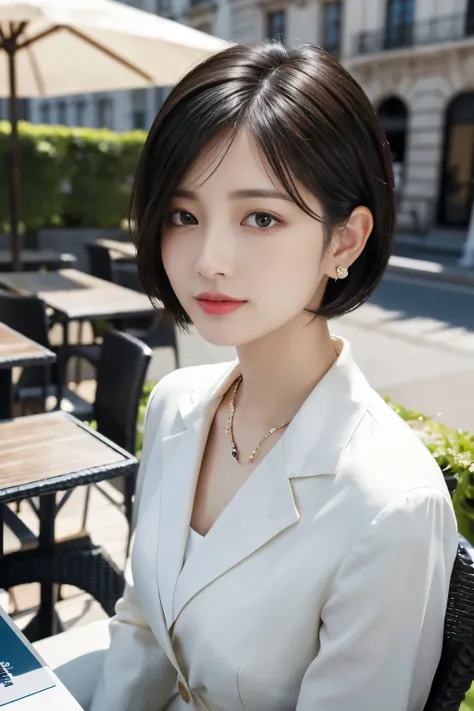 masterpiece、 best quality、Genuine、 Very detailed、Subtle details、 high definition 、8k wallpaper、 beautiful woman、OFFICE LADY SUIT、 on a nice cafe terrace、、  black hair 、 Hairstyle Shortcut 、wave hair、 perfect dynamic configuration、 beautiful beautiful eyes、...