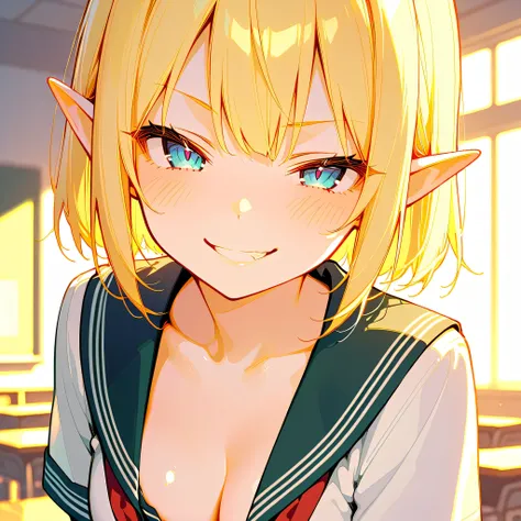 (masterpiece, best quality), ultra detailed, bokeh, BREAK white skin, sexy, face close up, small breasts, cleavage, straight hair, blond short hair, elf ears, school uniform, naughty face, evil smile, simple background, indoors, class room,