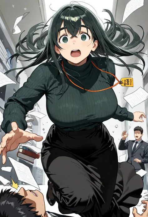 BREAK, 1girl, long hair, straight hair ,crossed bangs, (black hair), troubled eyebrows, (tareme:1.4), dark green eyes ,detailed, (large breasts), (dark green turtleneck sweater), (Black long skirt) ,Black stocking,orange string tag worn around the neck, BR...