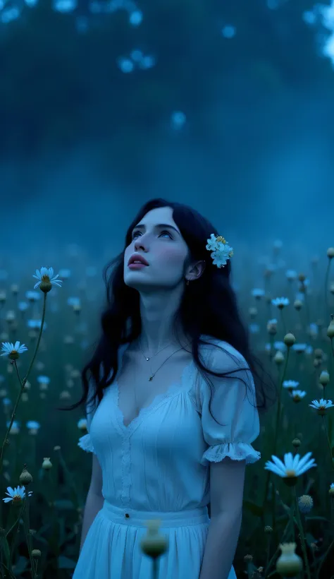 A full body frontal shot of a beautiful woman with dark wavy hairstyle, white flowers in her hair, ((very pale skin)), looking up at the sky, dressed in pure white, in a field of wildflowers, cinematic shot, cinematic composition, portrait, close up, thick...