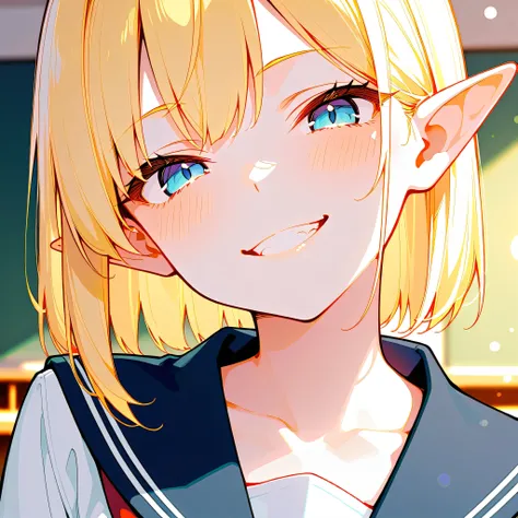 (masterpiece, best quality), ultra detailed, bokeh, BREAK white skin, sexy, face close up, straight hair, blond short hair, elf ears, school uniform, naughty face, evil smile, simple background, indoors, class room,