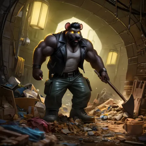 An anthropomorphic bearded mustached black rat digging with a shovel in a pile of rubbish, excited if he found something. (black fur, detailed, realistic, is 1.6 meters tall, small, yellow bearded, yellow mustached, black hair, bright yellow glowing eyes, ...