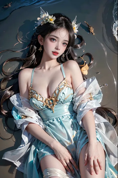 (photorealistic beautiful woman:1.2),(natural makeup:1.1),(delicate facial features:1.1),(visible cleavage), (Big bust, very short hemline), (sexy model with elegant posture:1.2),(natural body proportions:1.3),(lying on the beach at the edge of water:1.4),...