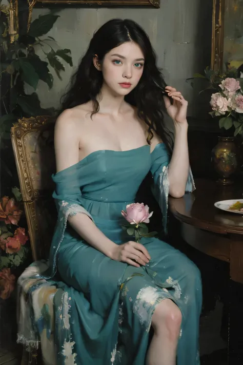 (oil painting:1.5),
\\
a woman with (long curtly hair ), ((green eyes)) winter, peony, (amy sol:0.248), nude , with blue dress,  (stanley artgerm lau:0.106), (a detailed painting:0.353), (gothic art:0.106)